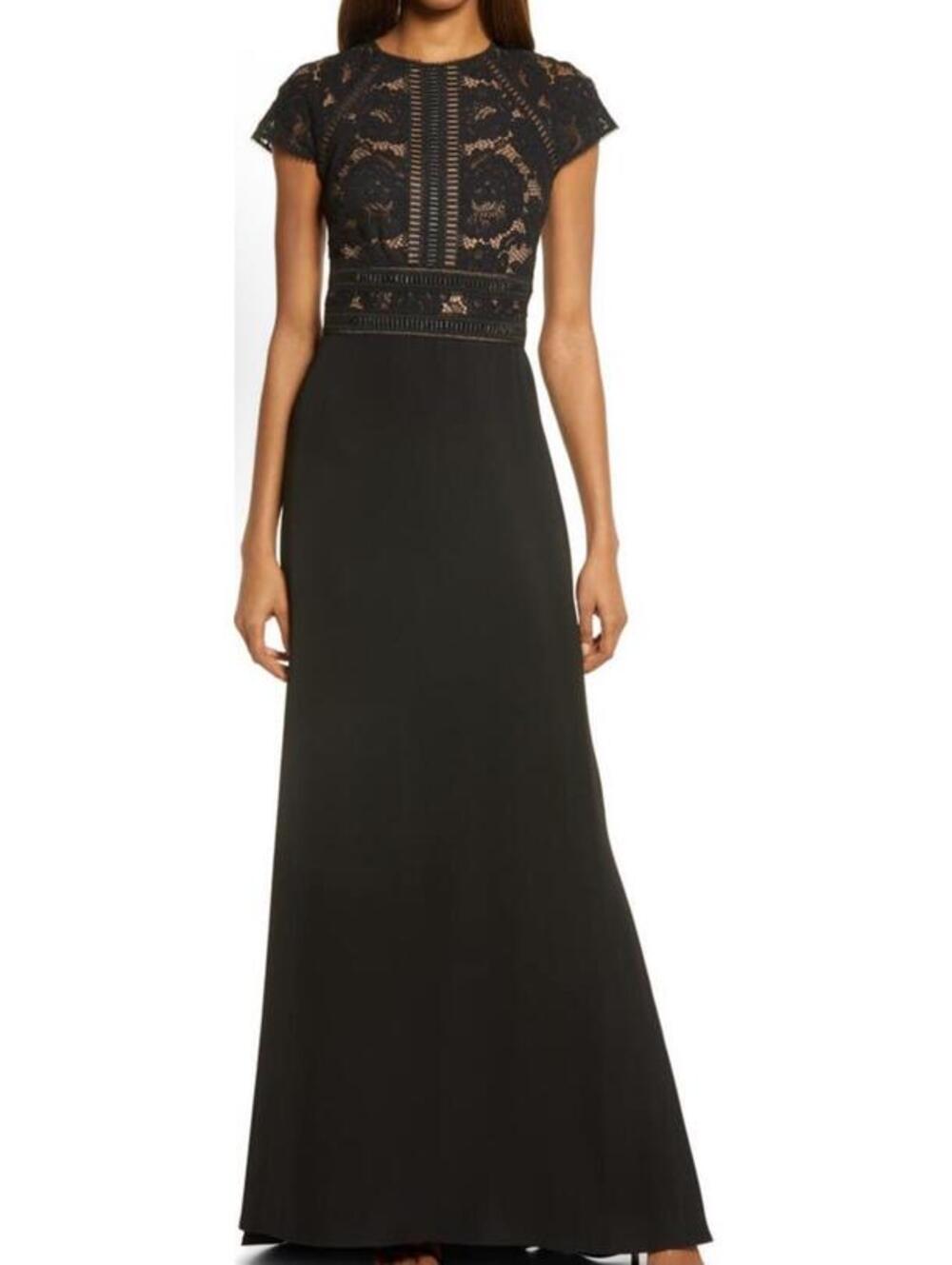 New Tadashi Shoji Lace & Crepe A-Line Gown In Black/ Nude Sz 16 $358